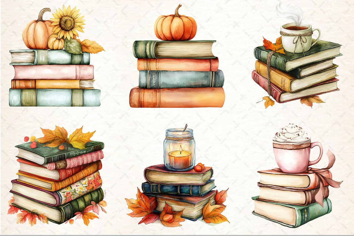 Watercolor Fall Book Stack Clipart, an Illustration by Rose Art (Photo 3 of 7)