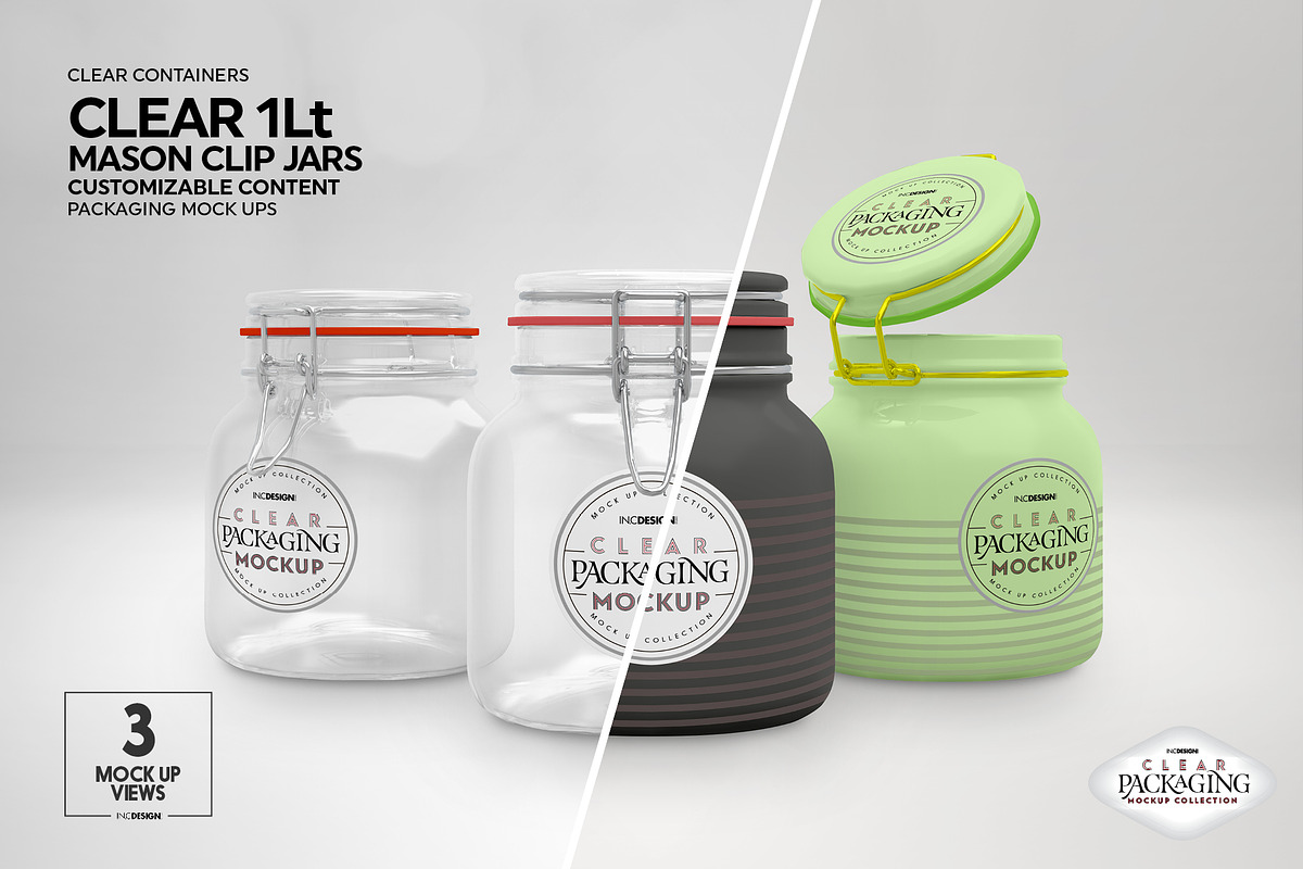 Clear 1Liter Mason Clip Jar Mockup, a Cups & Container Mockup by INCDesign (Photo 7 of 9)