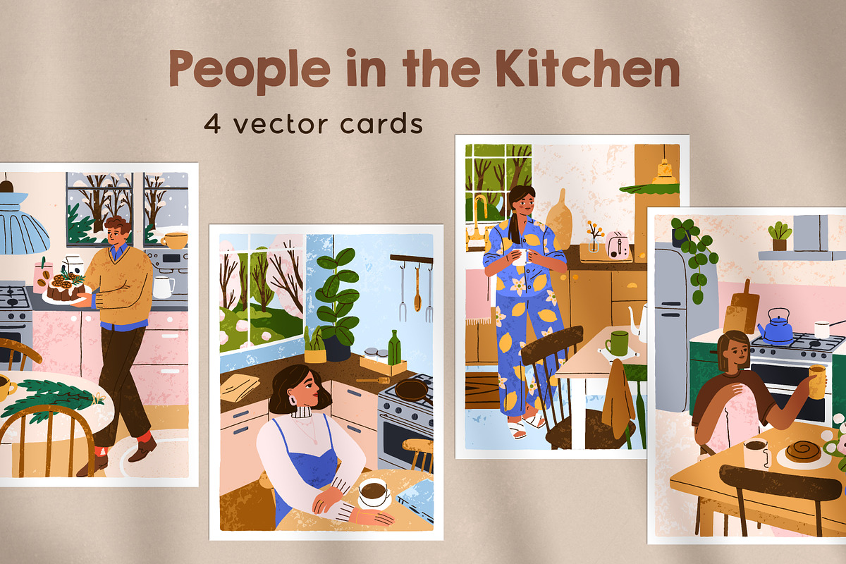 People in cozy home kitchen cards, a Person Illustration by Good Studio (Photo 1 of 5)