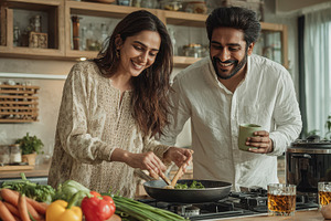 Happy couple cooking together in a m, a Photo by Pixeness Studio