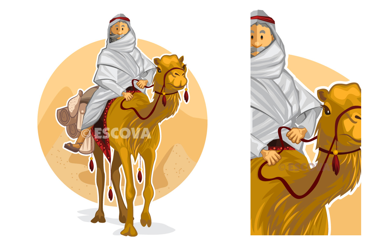 Arabian Bedouin Riding A Camel, an Illustration by vectorbender village