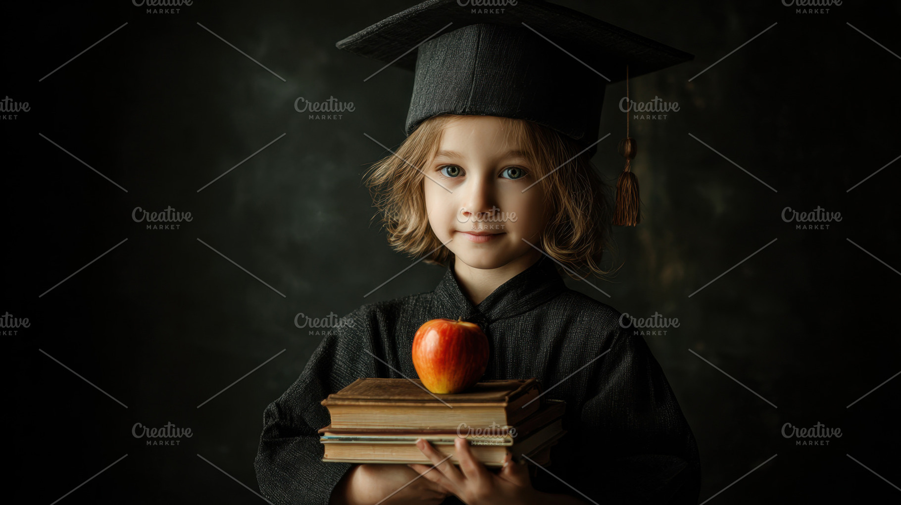 Young graduate with books and apple, a Photo by Beautiful things