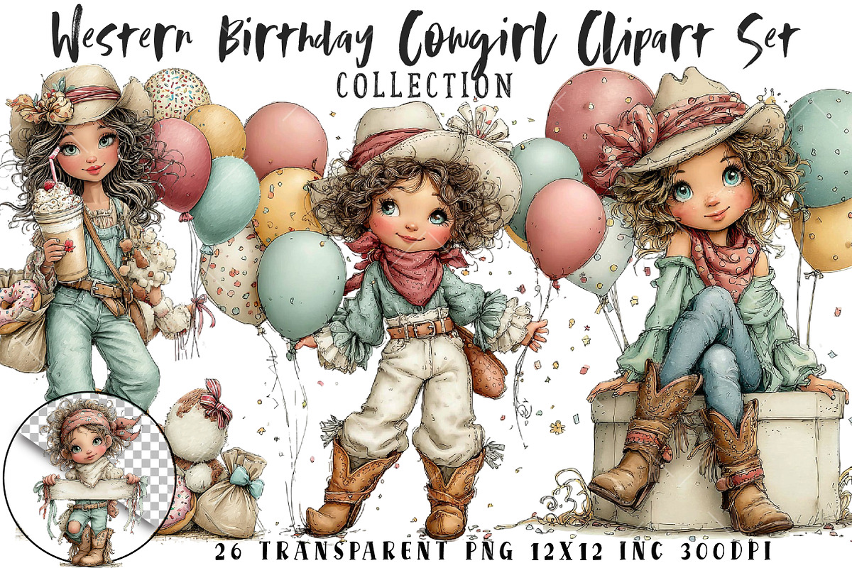 Western Birthday Cowgirl Clipart Set, a Seasonal Illustration by OK Design (Photo 1 of 6)
