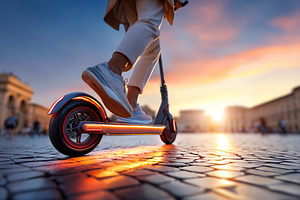 Commute by e-scooter at sunset in European city streets, a Transportation Photo by AlyaAnd