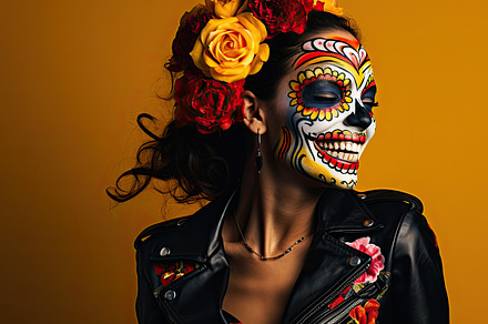 Brunette woman with Sugar Skull Face Paint wearing a leather jacket on a colore, a Person Photo by José Manuel Gelpi