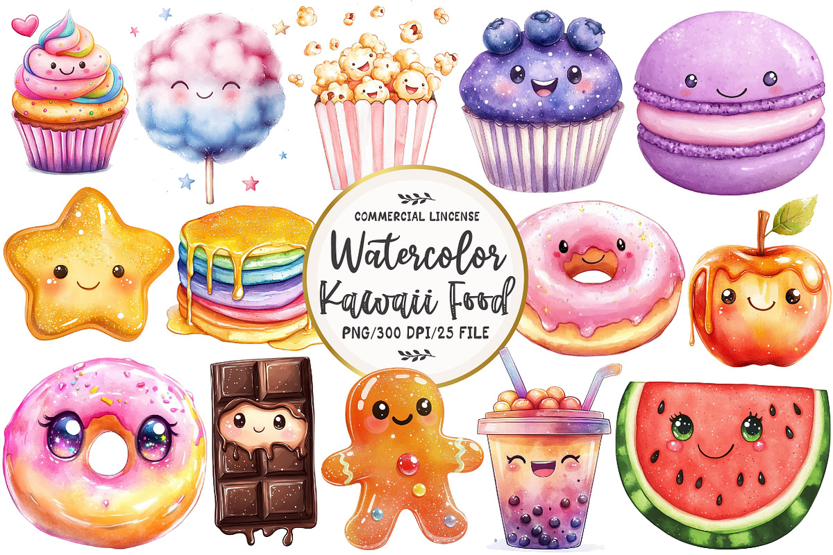 Watercolor Glittery Kawaii Food, an Illustration by OK Design (Photo 1 of 5)