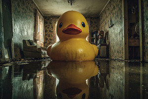 Large yellow rubber duck floats in water inside an abandoned, vi, an Animal Photo by Ales Munt