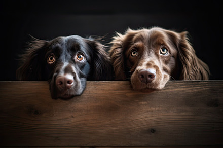 Two dogs looking out of a wooden box, a Photo by Iftikhar Alam