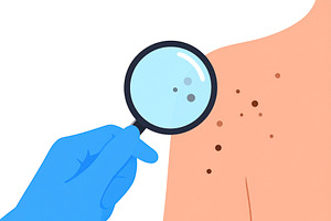 Hand with magnifying glass over a skin patch with a visible mole, a Healthcare Illustration by DanFLCreativo