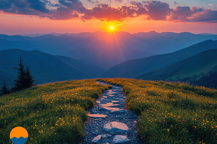 Vibrant sunset over a mountain path, a Photo by Tanuart