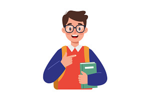 Cheerful boy with glasses holding a, an Illustration by designvectx