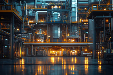 A large industrial facility with metallic structures, pipes, and glowing lights, an Industrial Photo by Textures & Backgrounds