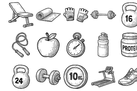 Hand Drawn Fitness Equipment Icons, an Illustration by Sempu