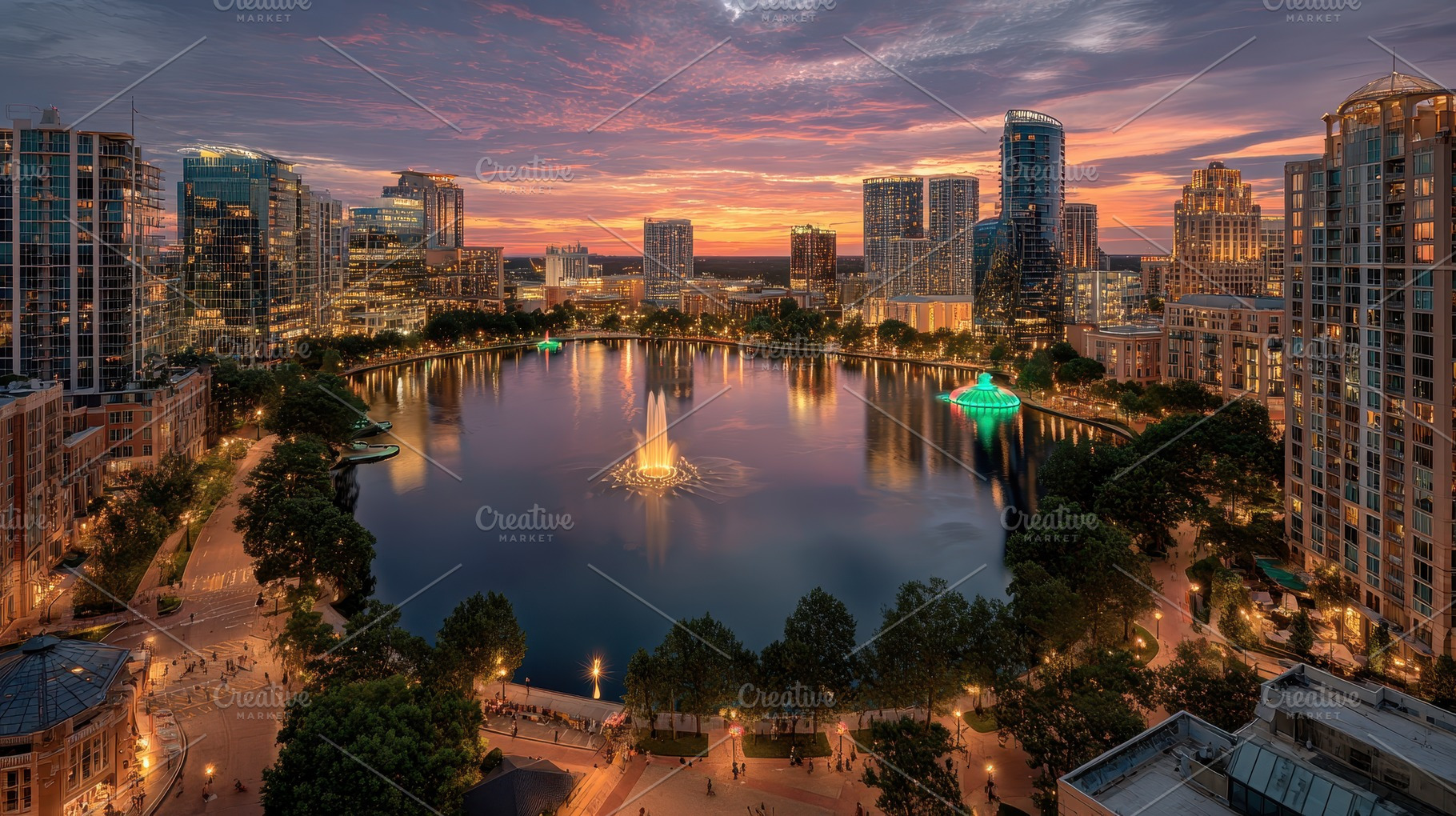 Sunset over Lake Eola Orlando skylin, a Photo by Pixeness Studio