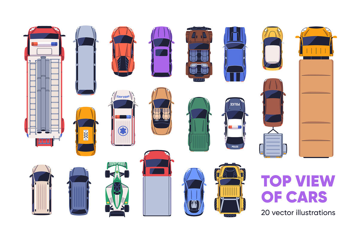 Top view of cars, auto vehicles set, a Transportation Illustration by Good Studio (Photo 1 of 3)