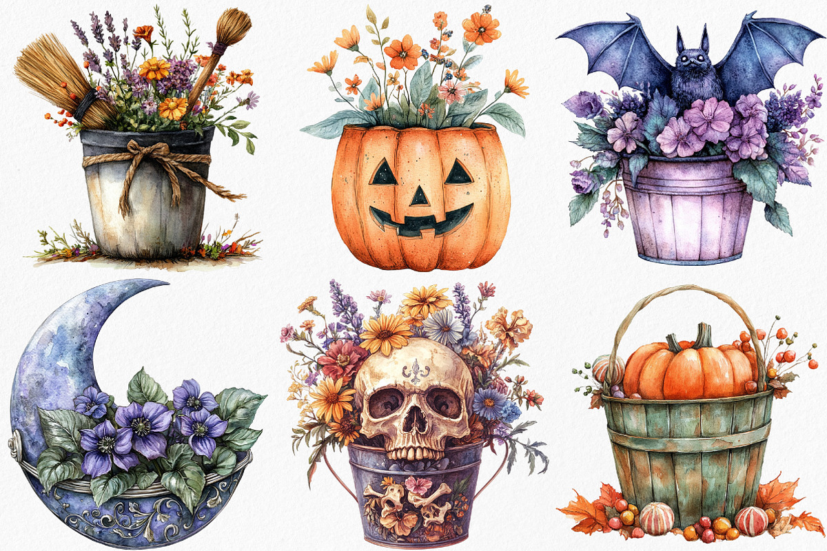 Watercolor Halloween Bucket Flowers, an Illustration by Canvas Craft (Photo 8 of 8)