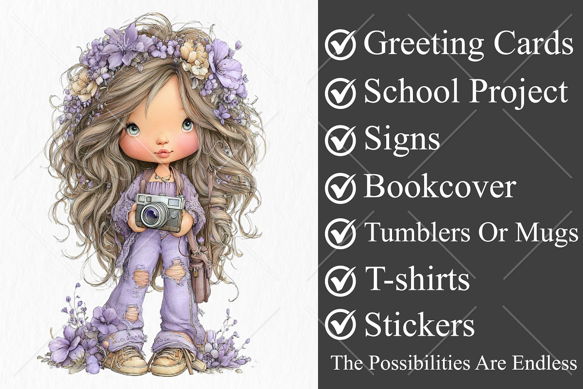 Whimsical Boho Quirky Girl Clipart, a Seasonal Illustration by Canvas Craft (Photo 3 of 10)
