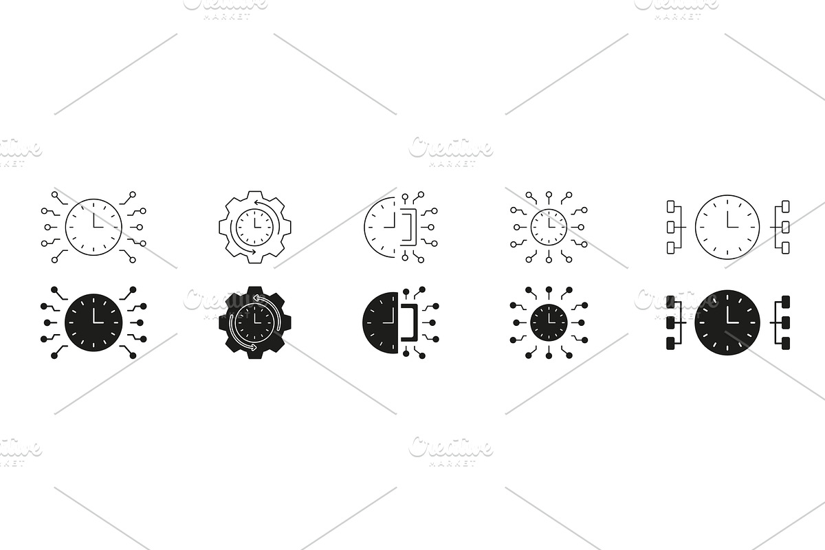 Clock With Circuitry Icons, a Technology Illustration by Gentle Studio