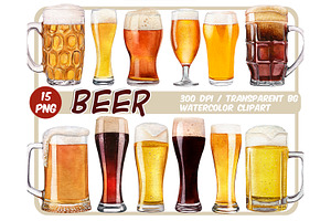 Watercolor beer clipart set