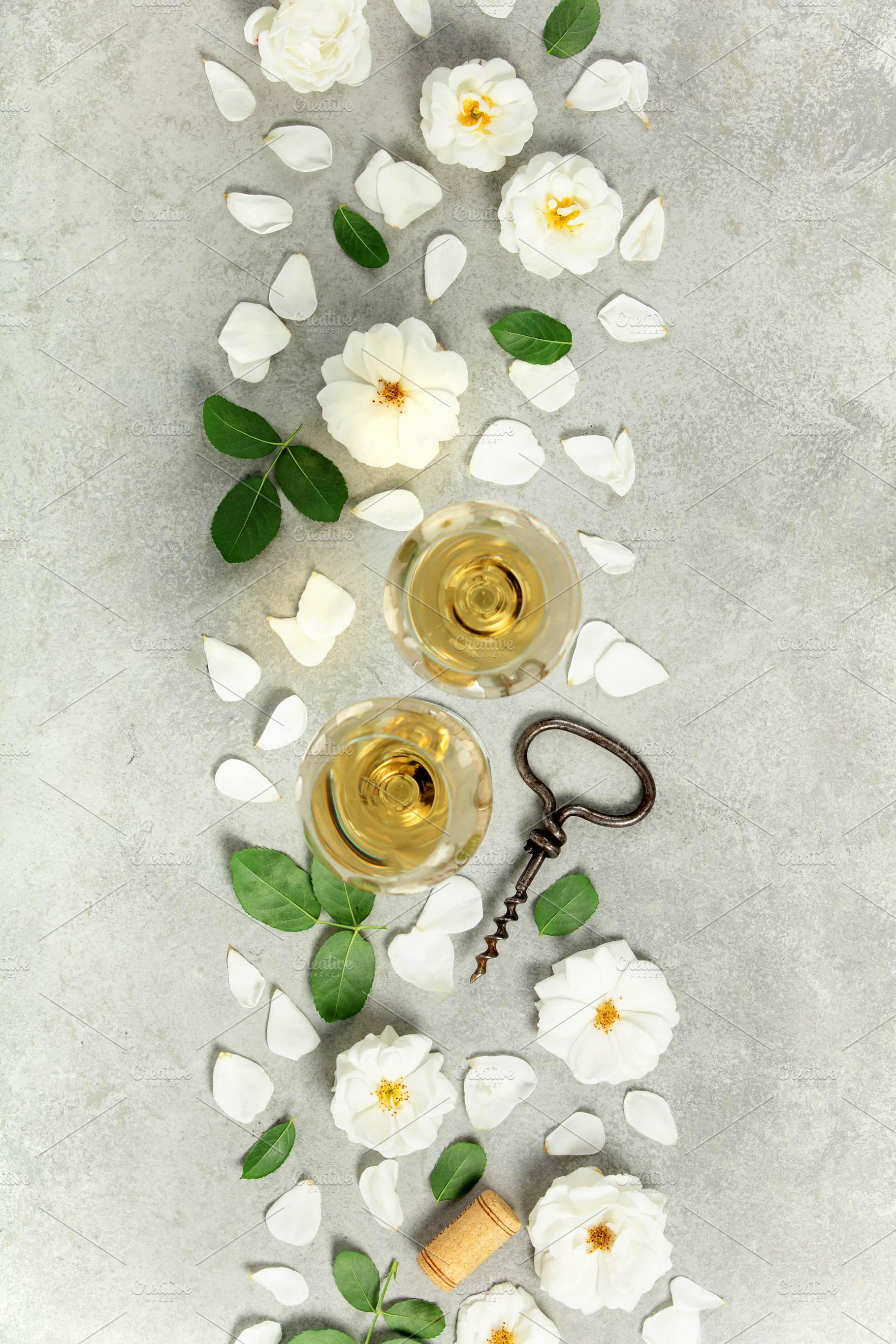 Wine Glasses with Roses, Corkscrew, and Petals Flat Lay, a Beauty & Fashion Photo by Natalia Klenova's Shop