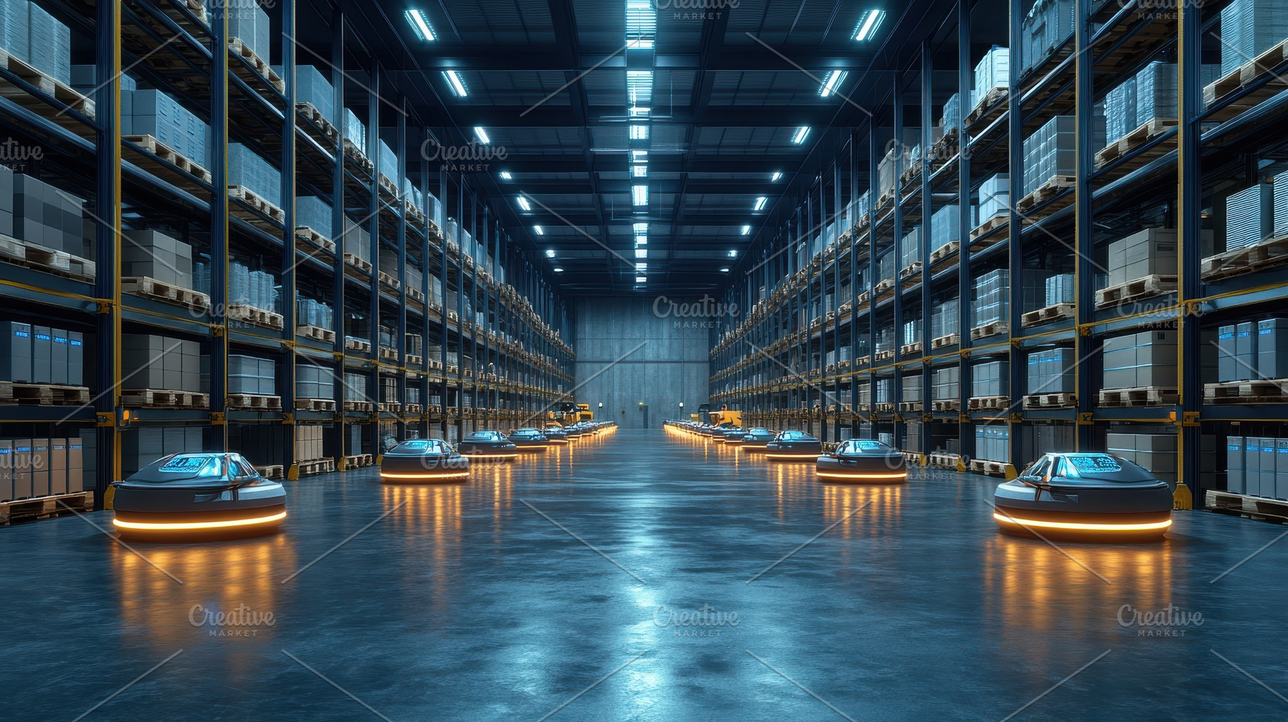 Warehouse robots transport packages, a Background Photo by Pixeness