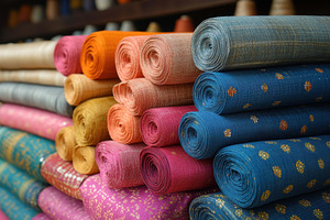 Colorful rolls of fabric displayed i, a Photo by Tanuart