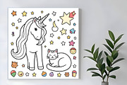 Cute Unicorn and Cat Coloring Page, an Animal Illustration by Sharon Schwalbe (Thumbnail 4 of 5)