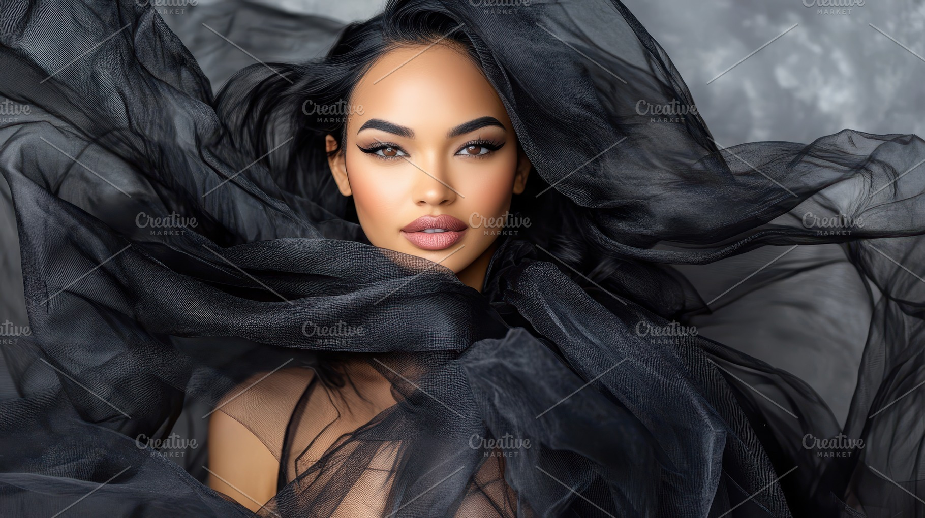 A stunning woman with flawless makeup surrounded by flowing black fabric, creat, a Person Photo by Mashimara