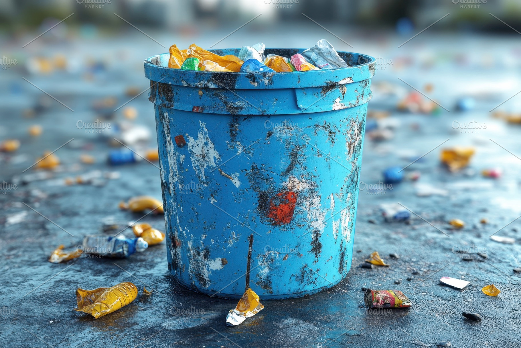 Littered park area with a blue trash, a Photo by Tanuart