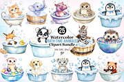 Watercolor Bath Time Animals Clipart, a Seasonal Illustration by Canvas Craft (Thumbnail 1 of 3)