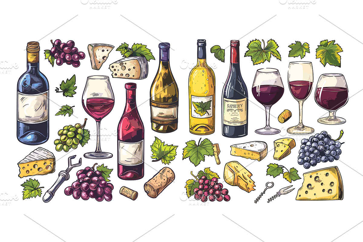 Wine cartoon vector set. Grapes, a Food Illustration by Valerie Bodnar
