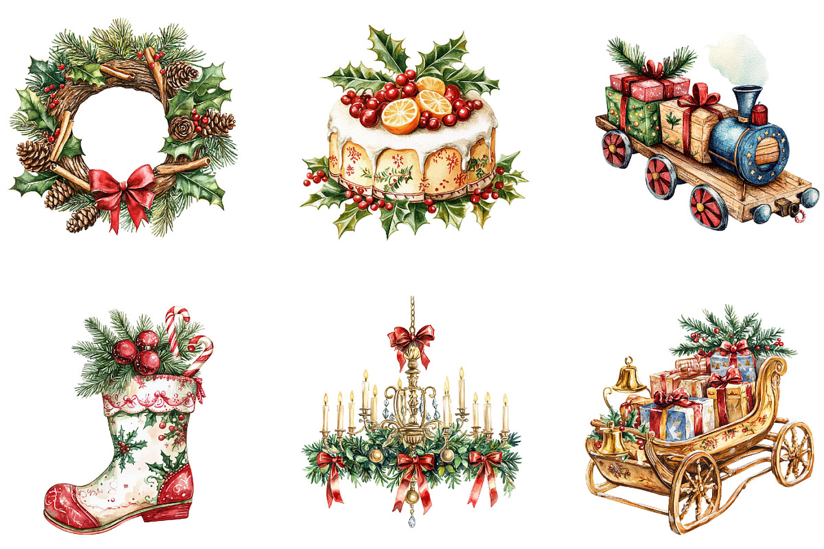 Antique Christmas Watercolor Clipart, a Seasonal Illustration by Designking (Photo 4 of 5)