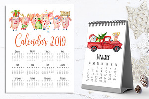 Calendar Pigs Template 2019 Year