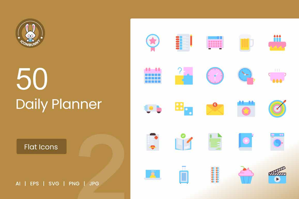 50 Daily Planner Flat Icons, an Icon by IconBunny (Photo 1 of 2)
