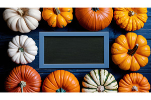 Colorful Pumpkins And Chalkboard On