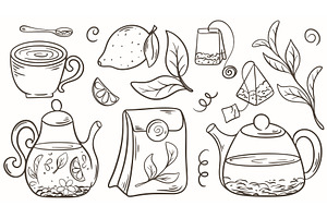 Tea set in doodle sketch style, a Food Illustration by Tati_Kli