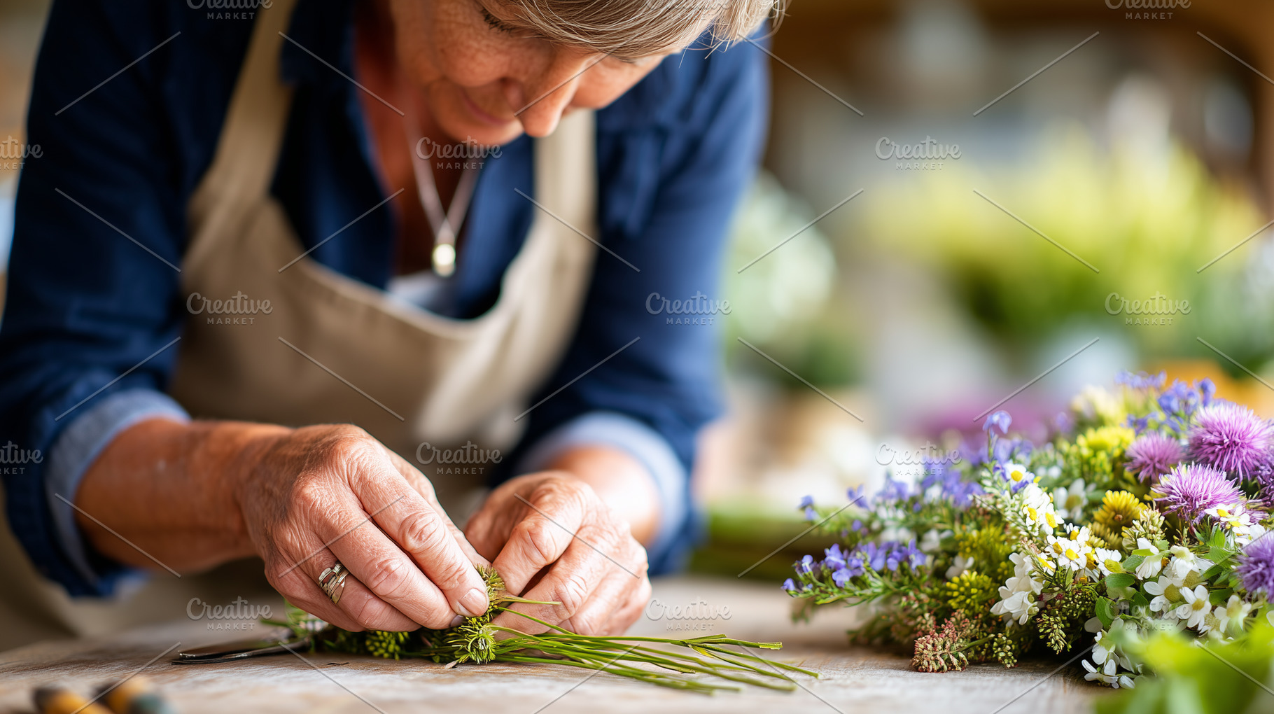 Mature woman arranging fresh flowers, a Business Photo by MistyDay