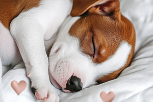 Sleeping puppy with heart symbols, p, a Photo by Dvoevnore photos