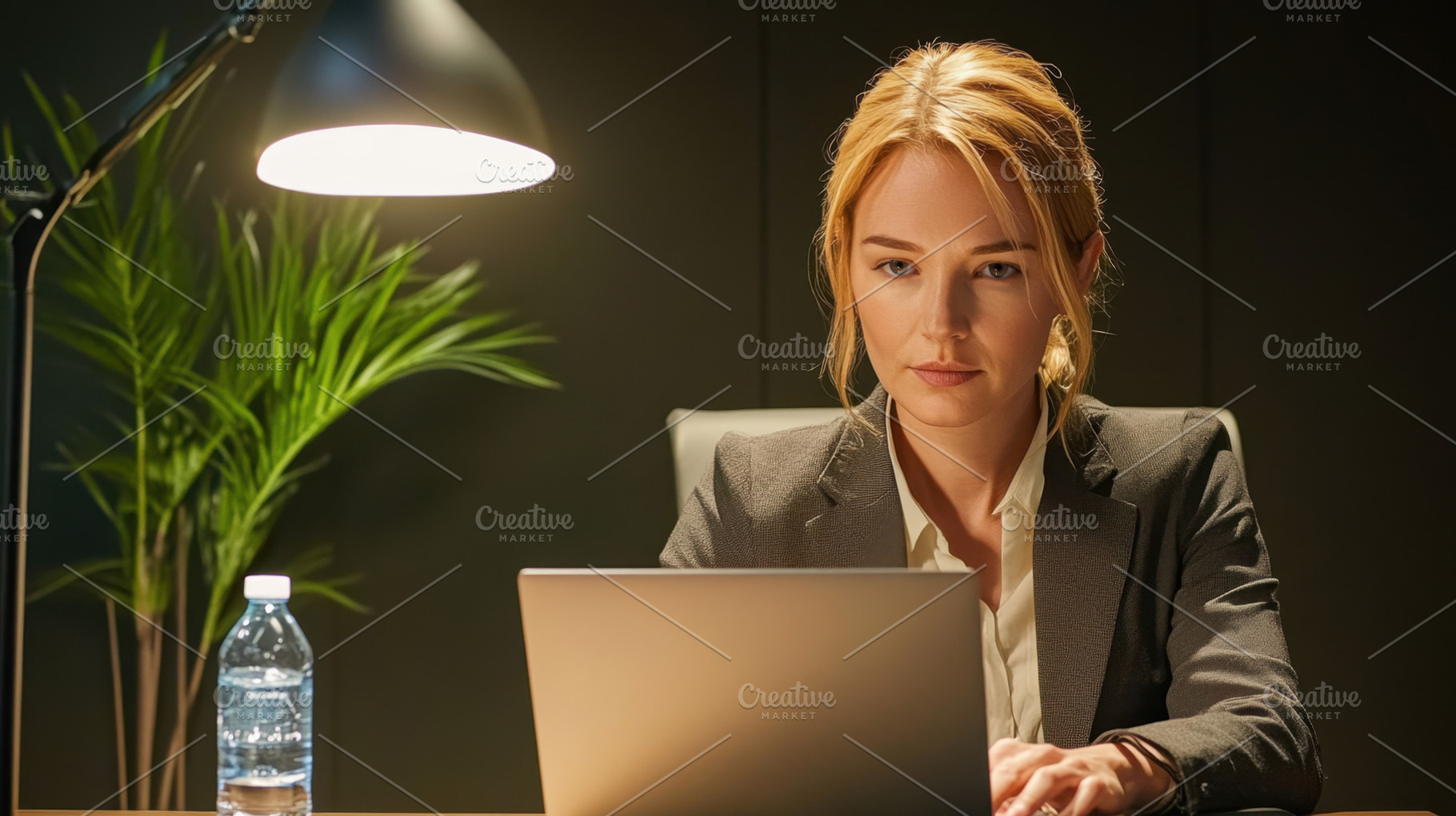 Businesswoman working late at desk, a Photo by Beautiful things