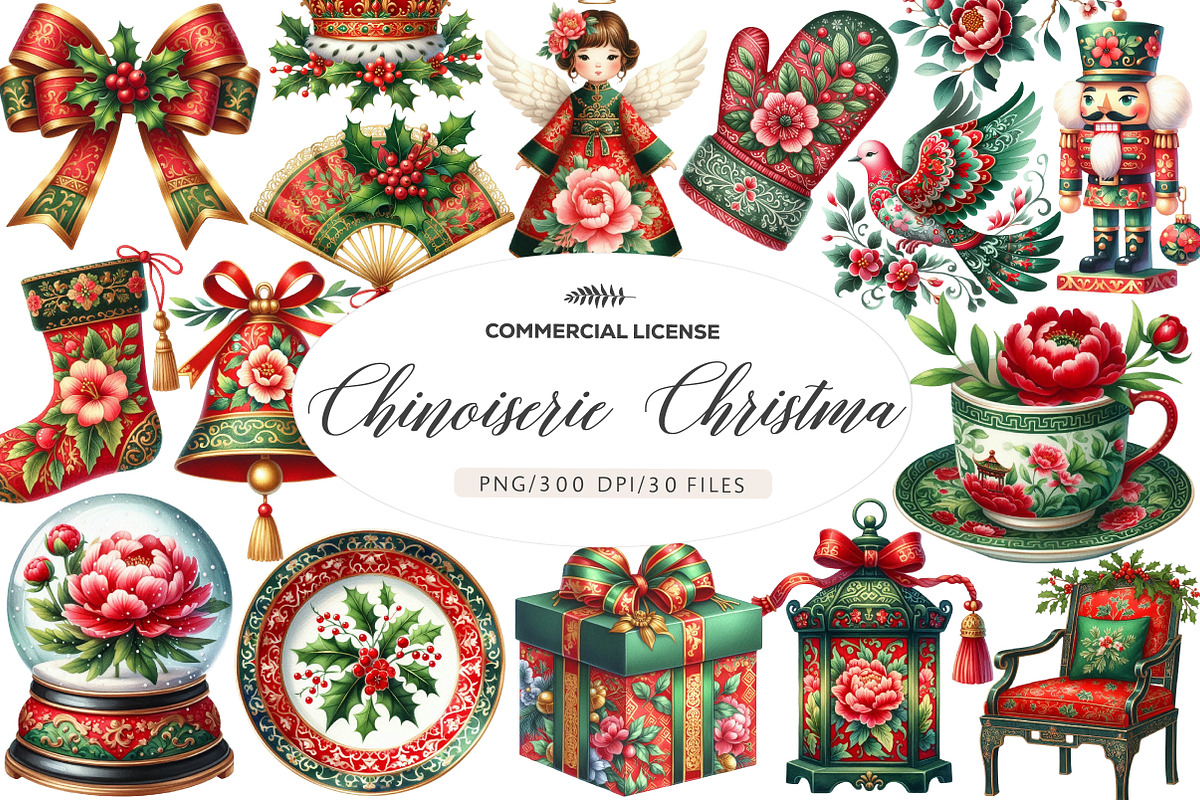 Chinoiserie Red & Green Christmas Cl, an Illustration by CreationArt (Photo 1 of 6)