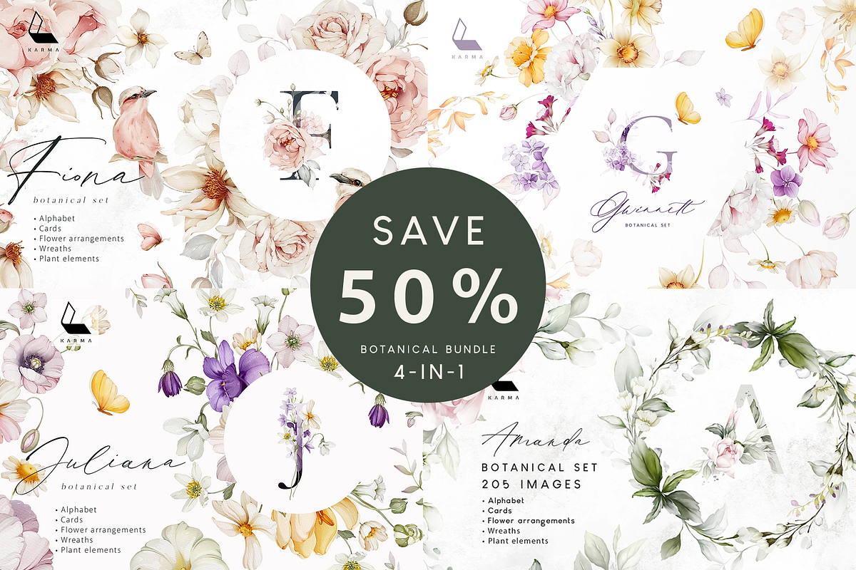 Botanical Watercolor Bundle | 4-in-1, an Illustration by Karma (Photo 1 of 20)