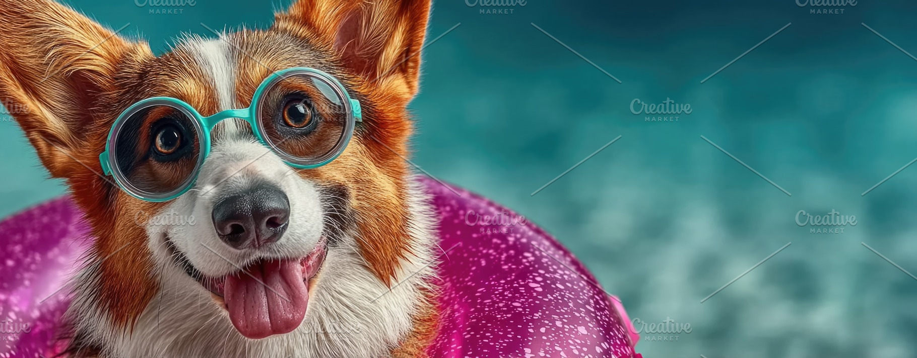 Happy Corgi Dog With Sunglasses on Pink Pool Float Summer Banner, a Nature Photo by José Manuel Gelpi