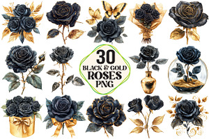 Black and Gold Rose Clipart, an Illustration by Pixels.Craft
