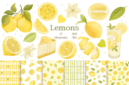 Lemons Watercolor Clipart, Patterns, a Food Illustration by ArtGiftsStudio