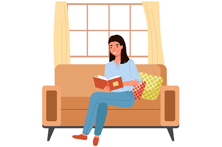 Young woman reads book, sitting on, a School & Education Photo by robuart