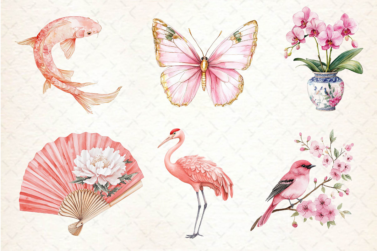 Pink Chinoiserie Summer Clipart, an Illustration by Dream Creation (Photo 3 of 6)