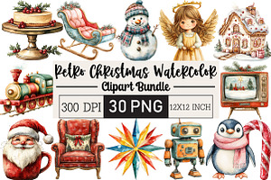 Retro Christmas Watercolor Clipart, an Illustration by Black Bird Studio