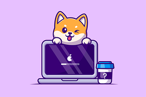 Cute Shiba Inu Dog with Laptop