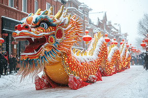 Colorful dragon parade in snowy stre, a Photo by Tanuart