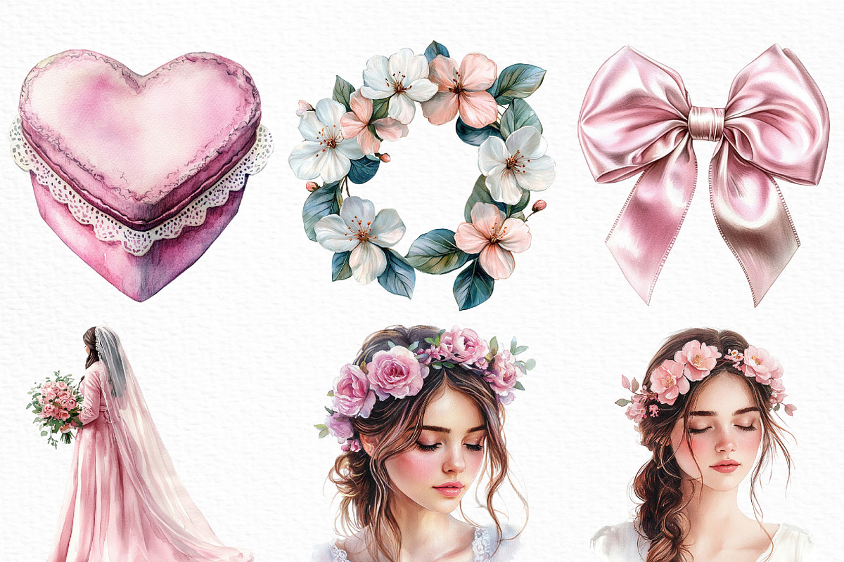 Watercolor Pink Wedding Day Clipart, an Illustration by Craft Nest (Photo 2 of 6)